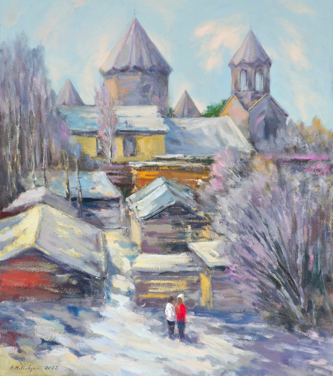 Impressionistic Cityscapes Oil Painting By Hrachya Hakobyan, 27 X 32, Armenian Church, Gyumri, Original Artwork