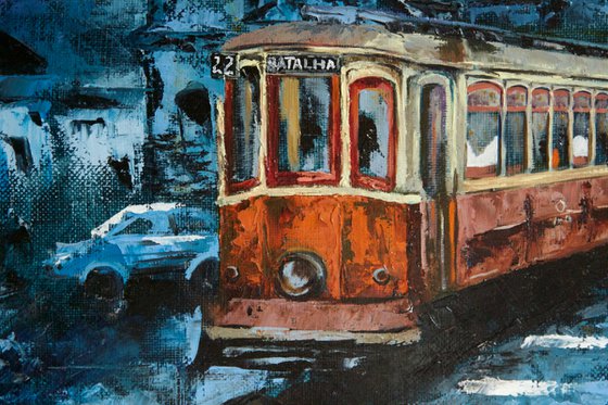 Cityscape oil painting - Tram in Porto impasto painting - Art for living room - Gift idea