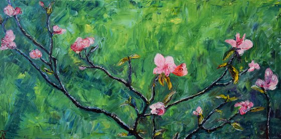 Spring flowers oil painting on canvas, pink flower, green wall art