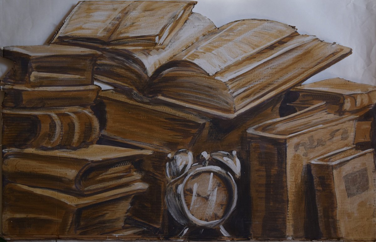 Still Life Painting By Antonio Mele, 36 X 24, Books And Clock, Original Artwork