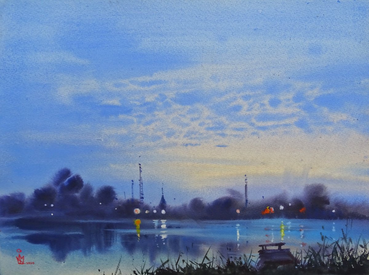 Impressionistic Landscape Watercolour By Maksym Kisilov, 19 X 14", "Fantastic Evening", Original Artwork