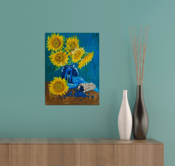 Still life Sunflowers and Blueberries... /  ORIGINAL PAINTING