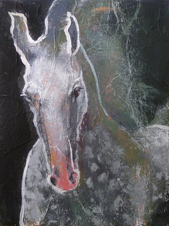 Horse with apples on black.