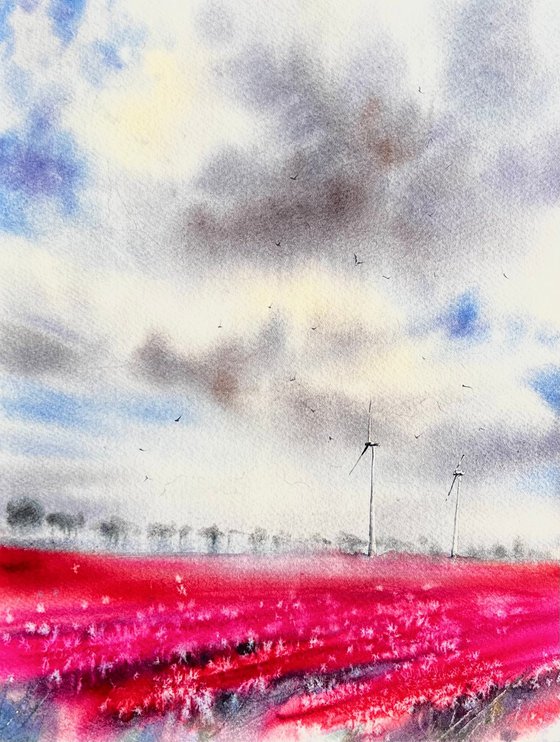 Pink tulips field in the Netherlands Watercolour Painting