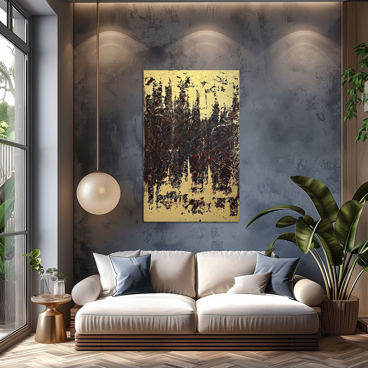 Abstract Acrylic Painting By Exclusive Arts, 28 X 43, Greengold On Grey 70X110X2 Cm, Original Artwork