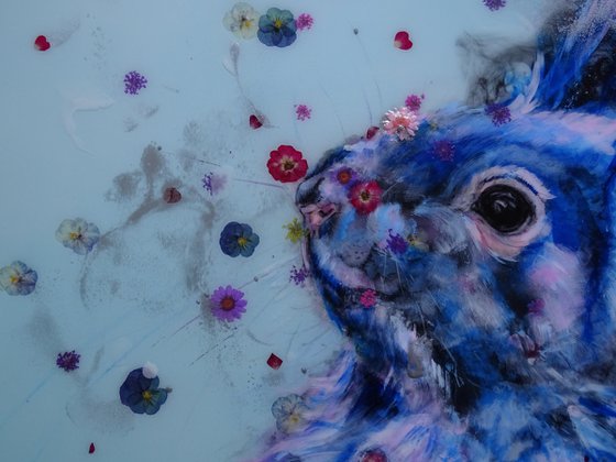 Flower Bomb - original oil on canvas Squirrel, 30x30" flowers, silver, acrylic, resin unframed