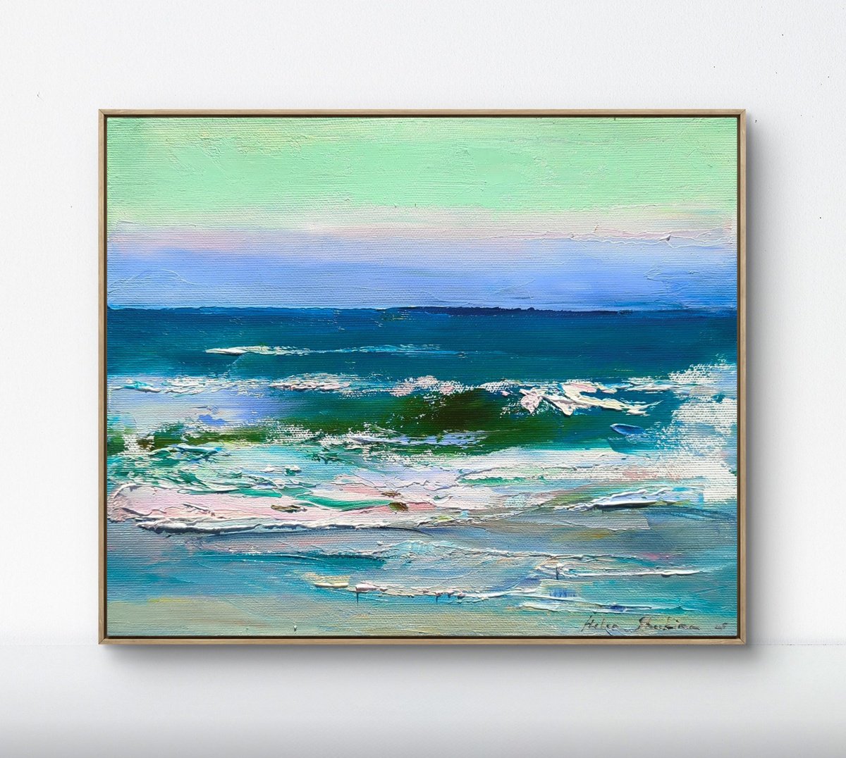 Impressionistic Landscape Oil Painting By Helen Shukina, 12 X 10, Admiring The Evening Sea, Original Artwork