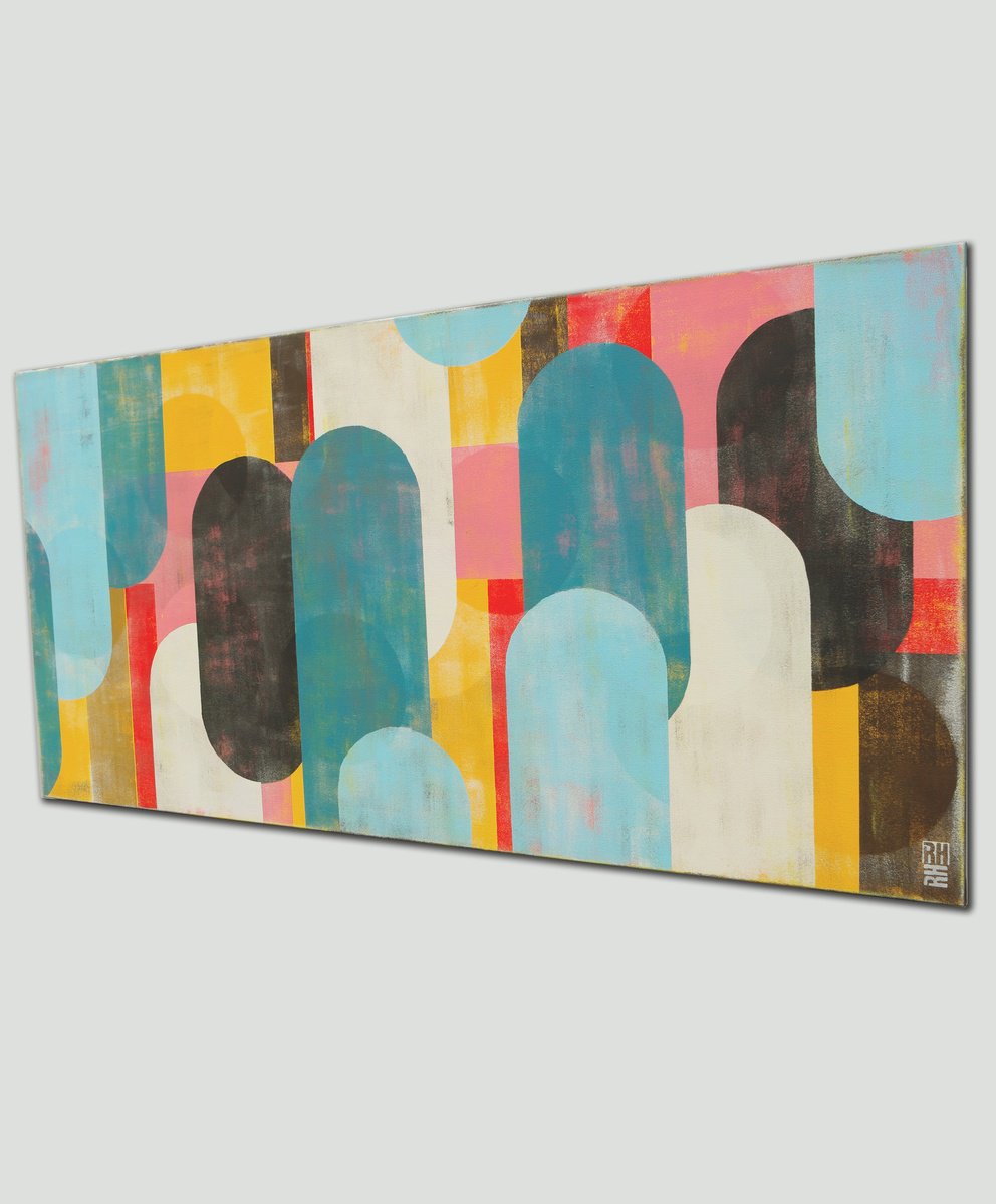 Abstract Acrylic Painting By Ronald Hunter, 55 X 28", Traffic Pink Landscape, Original Artwork