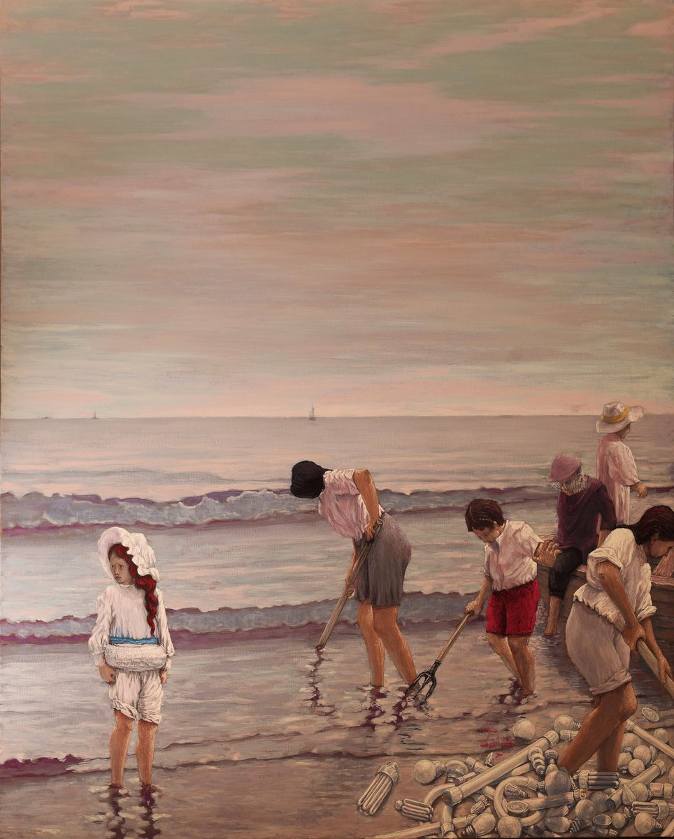 Landscape Oil Painting By Antonio Mele, 50 X 63, Working In The Shore, Original Artwork