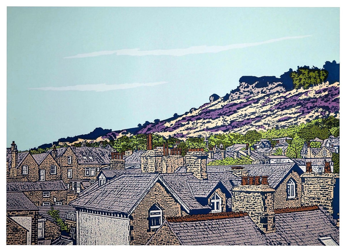 Landscape Screenprint By Talia Russell, 39 X 28", Ilkley Rooftops To Cow & Calf, Original Artwork
