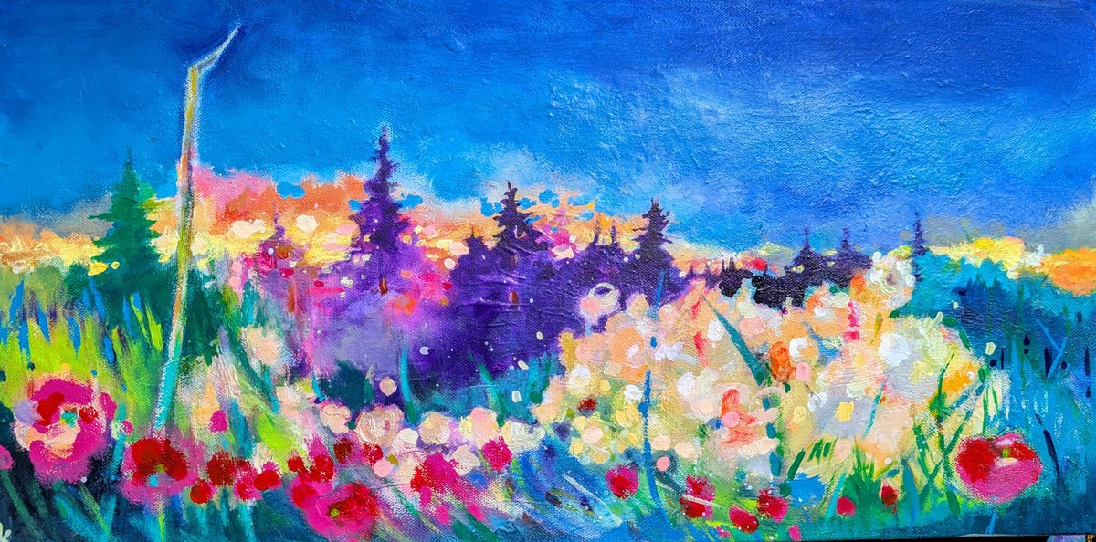 Impressionistic Landscape Acrylic Painting By Kerri Mccabe, 24 X 12", Field Of Dreams., Original Artwork
