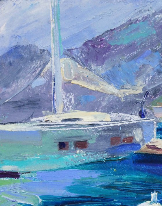 Yahts of Montenegro . Original plein air oil painting .