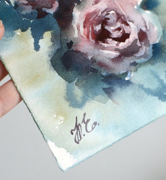 Smoky roses in watercolor, small lilac floral painting