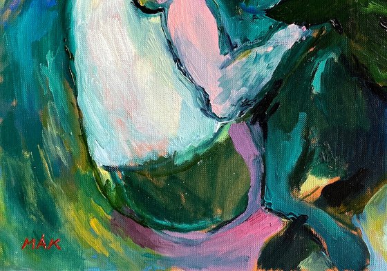 SUMMER - emerald & pink small oil painting with human figures
