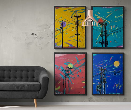 XXXL Urban painting-"Electricity"-Pop art-Polyptych-Bright-Street art-Diptych-Electric pole-Urban-Sunset