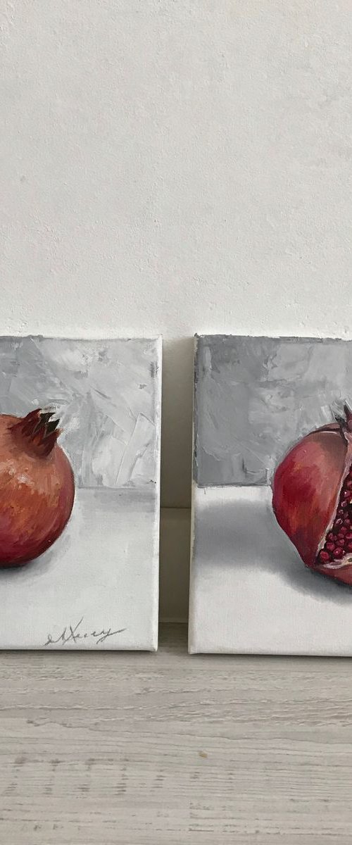 Pomegranate set, oil painting on mini canvas by Leysan Khasanova