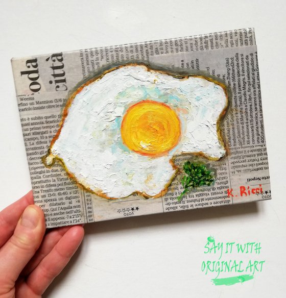 "Egg on Newspaper" Original Painting Food Art 7 by 5"  (18x13 cm)
