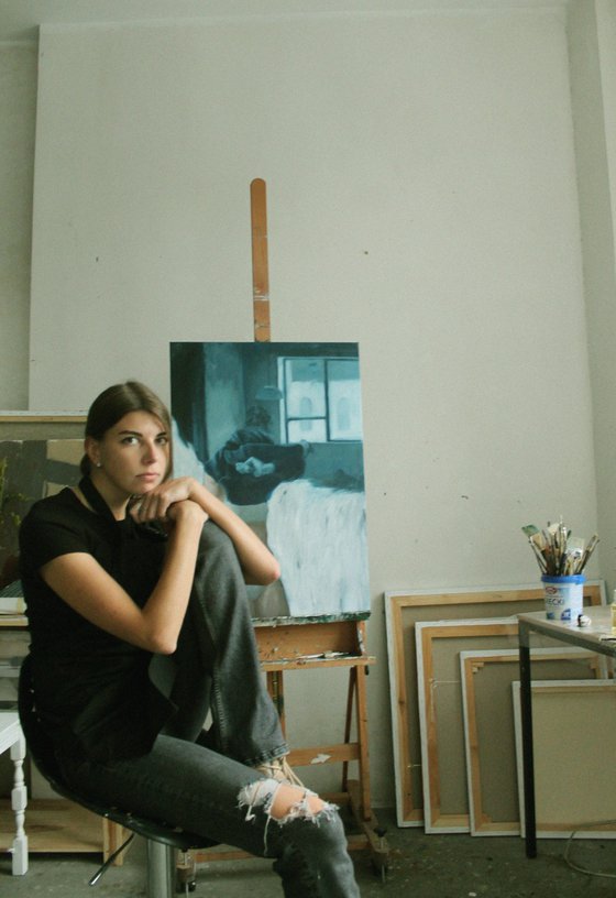 "Stay with yourself" Girl at home oil art