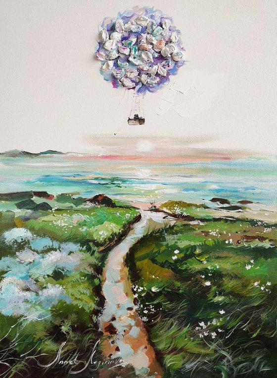 Landscape Painting, Hydrangea Flower Art, Flower Wall Art, Flower Original Art, Sea Painting