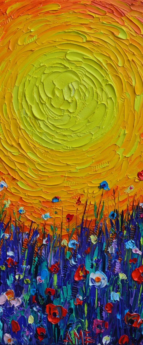 MEADOW SUNSET abstract colorful wildflowers landscape textural impressionist impasto palette knife oil painting by Ana Maria Edulescu by ANA MARIA EDULESCU