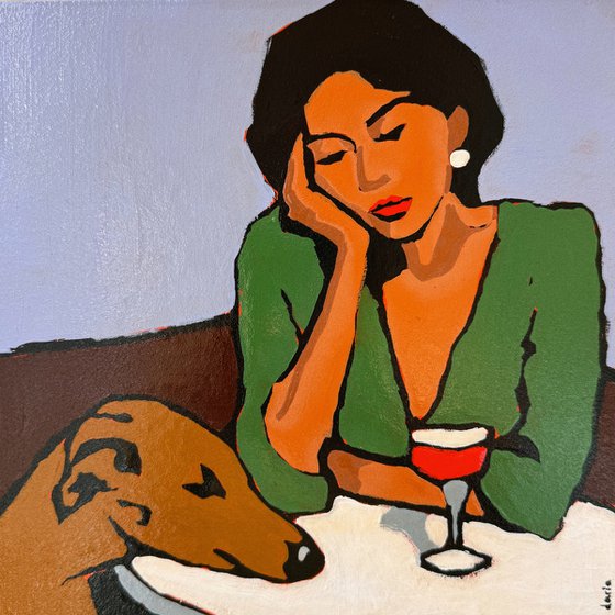 EVENING, CAFE, DOG, WINE. Original Painting
