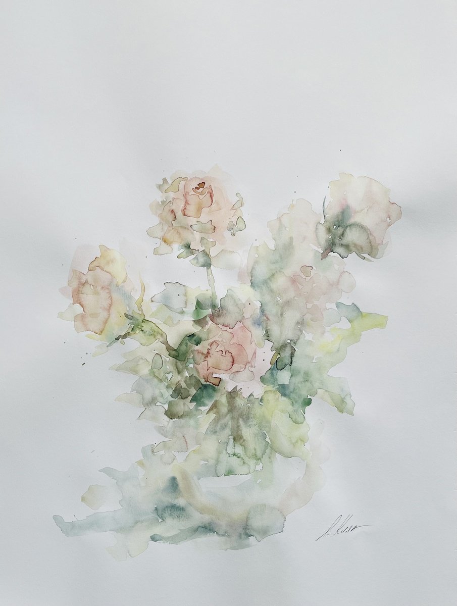 Impressionistic Botanical Watercolour By Elena Klyan, 20 X 26, Roses 50X65Cm 2025, Original Artwork