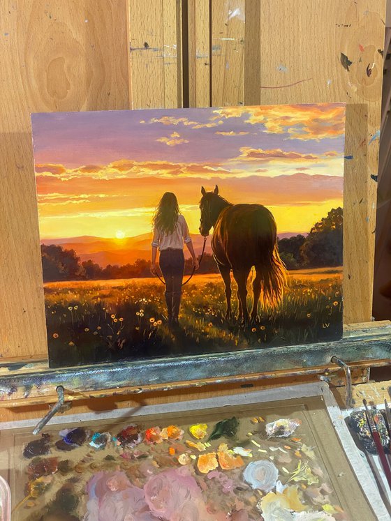 Woman walking with a horse in a sunset field