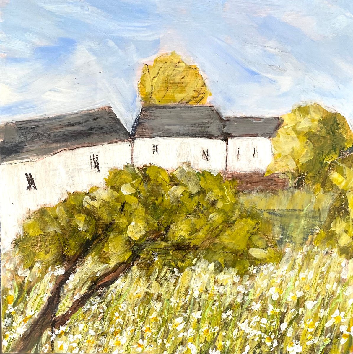 Impressionistic Landscape Painting By Nikki Wheeler, 10 X 10", Daisies And Cottages, Original Artwork