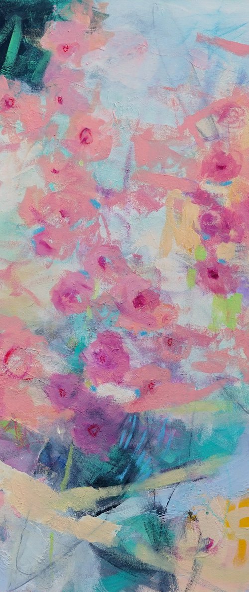 Hollyhock Parade 36x36" Large Cheerful Abstract Floral Painting on Canvas by Kerri McCabe