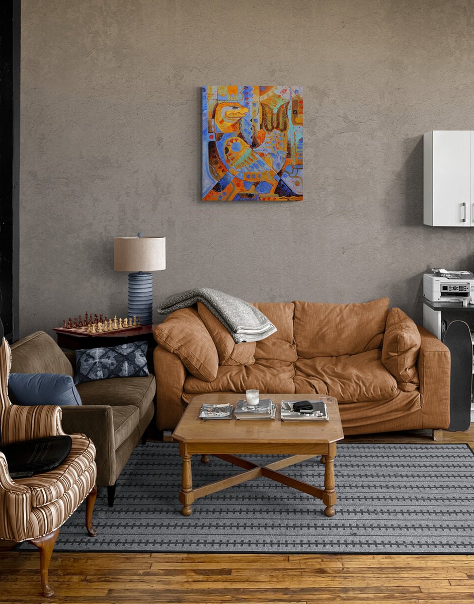 Abstract Oil Painting By Serhii Voichenko, 28 X 32", Fish De Bird, Original Artwork