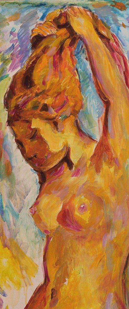 BY THE OCEAN - Aquarius zodiac sign -nude art, original oil painting large size by Karakhan