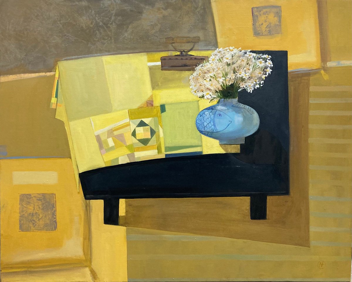 Impressionistic Still Life Oil Painting By Arman Hayrapetyan, 39 X 31, Daisies On Black Table, Original Artwork