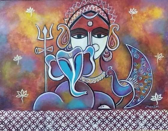Ganesha and Mom Parvati with Trishul and Peacock