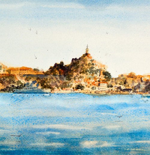 Corfu island Kerkyra Greece skyline 23x54cm 2022 by Nenad Kojić watercolorist