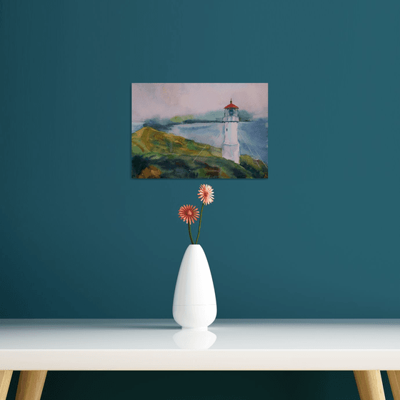 Watercolor painting Lighthouse on Faroe Islands