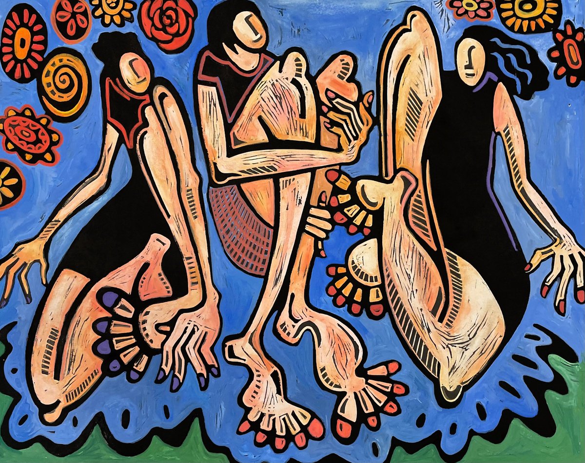 Illustrative Portrait Linocut By Laurel Macdonald, 22 X 18", Three Women, Original Artwork