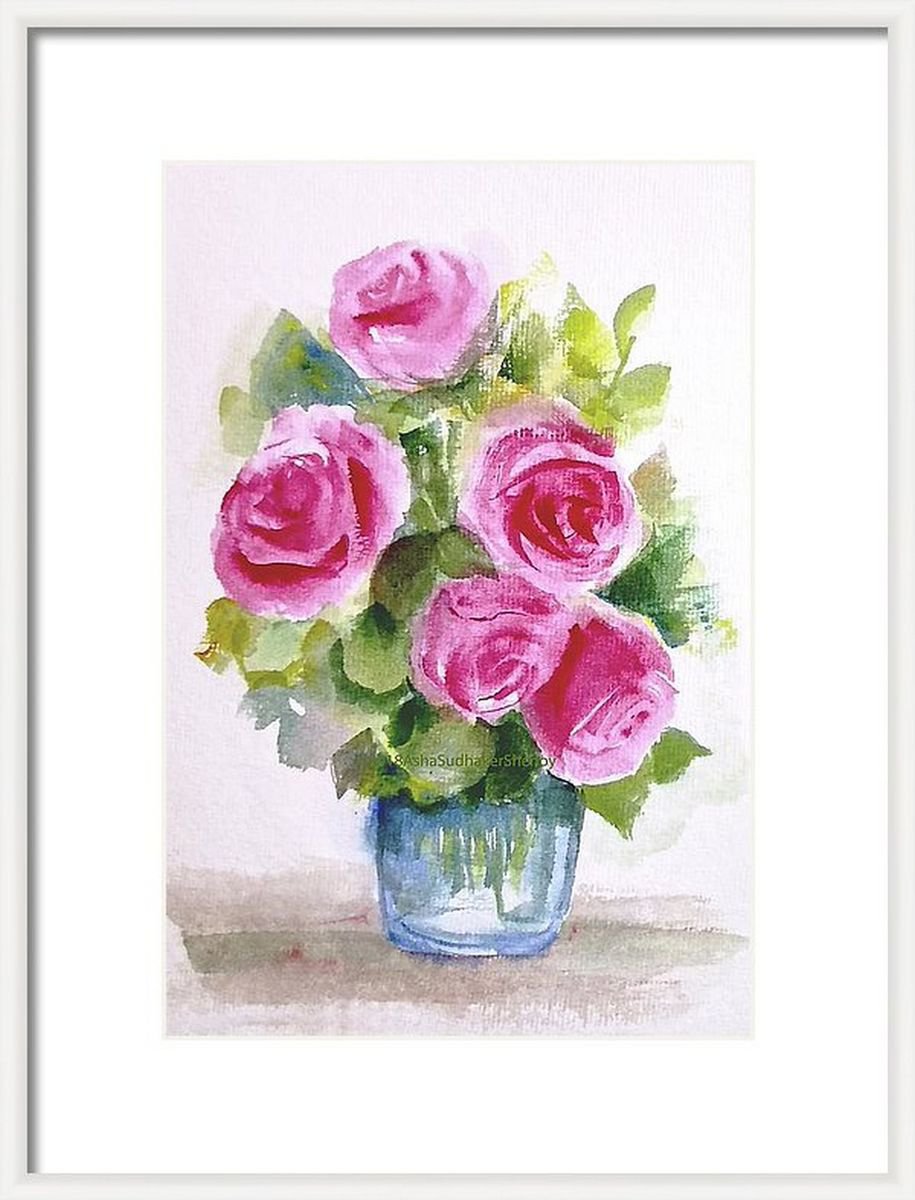 Watercolor Roses Painting Five Pink Roses Flowers Floral painting- 7.2 x 11 by Asha Shenoy
