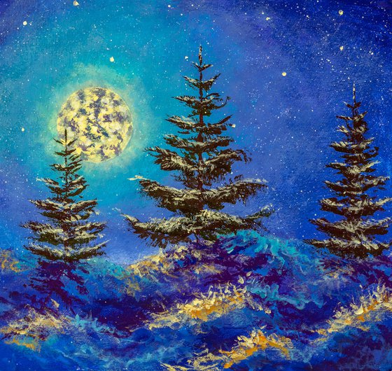 Night Christmas winter landscape with moon and snowy fir trees on the starry sky painting