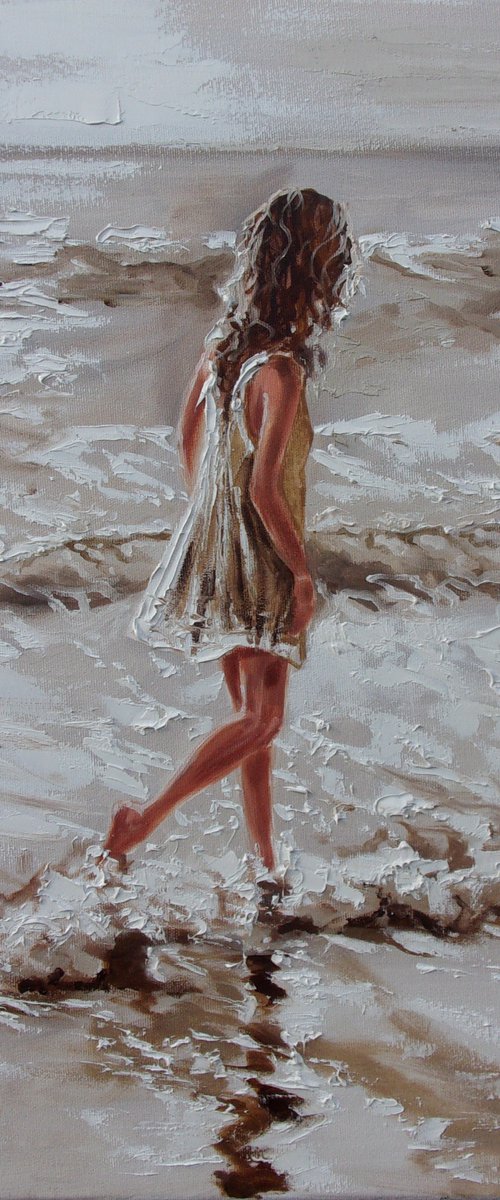 " A WALK ... " SUN SKY SEA SAND liGHt  ORIGINAL OIL PAINTING, GIFT, PALETTE KNIFE by Monika Luniak