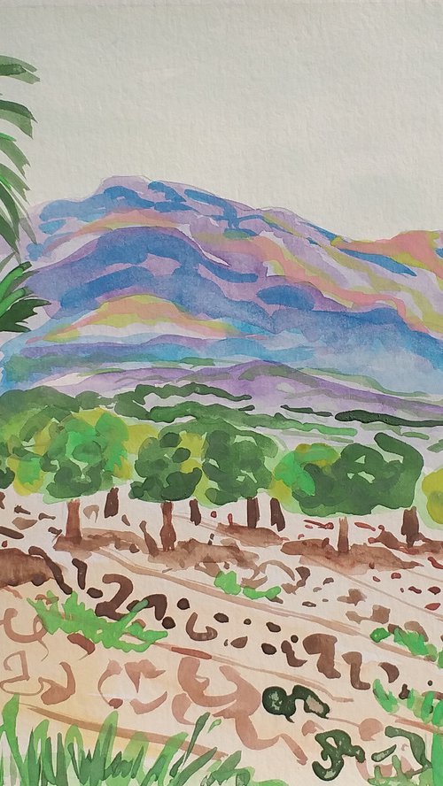 Palms and Orange trees near Sierra Bernia. by Kirsty Wain