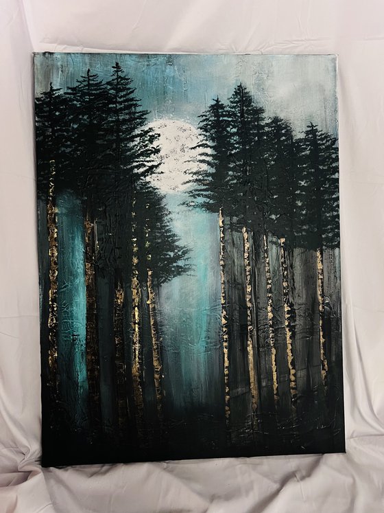 Moonlight deception  abstract pine forest painting
