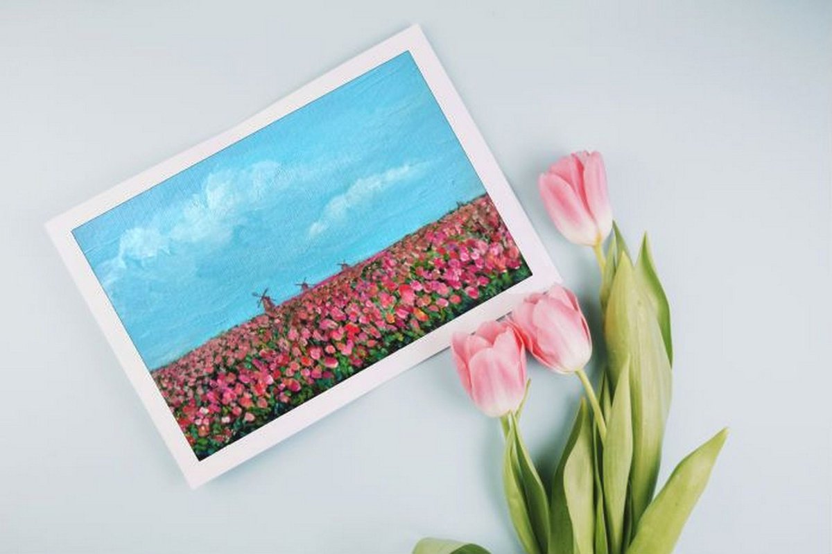 Miniature Dutch Tulip Landscape Painting Holland Windmill and Tulips 5.8x 8.3 by Asha Shenoy