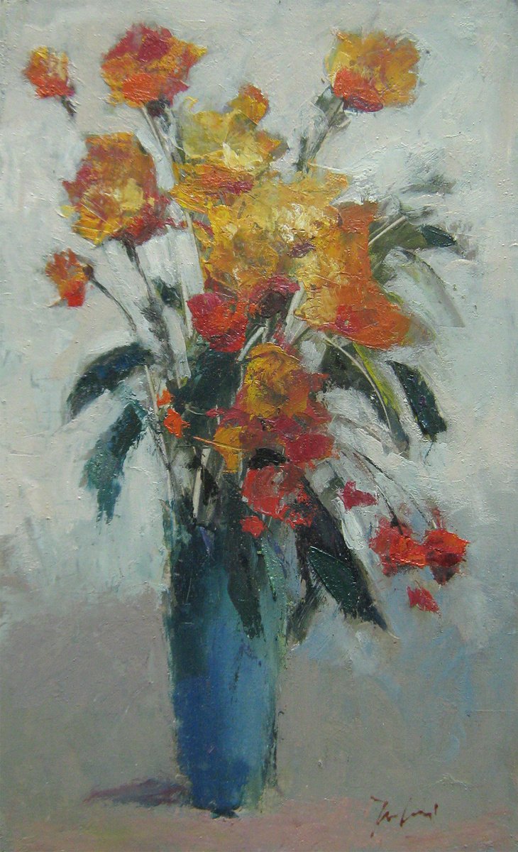 Yellow and orange flowers in a blue vase KIP-31 by Mato Jurkovic