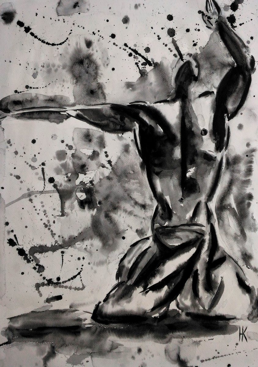 Dancer Painting Figurative Original Art Male Body Watercolor Guy Black Monochrome Artwork... by Halyna Kirichenko