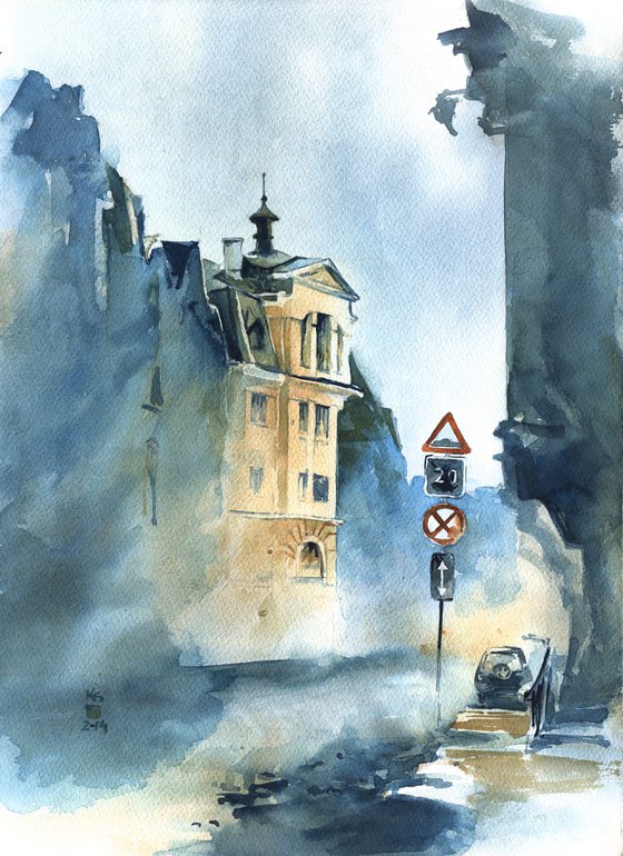 Architectural landscape "Morning light. Walk the streets of Kyiv, Ukraine" - Original watercolor painting