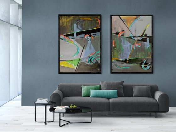 Super Big Abstract - "Space abstract" - Diptych - Geometric abstract - 90x260cm