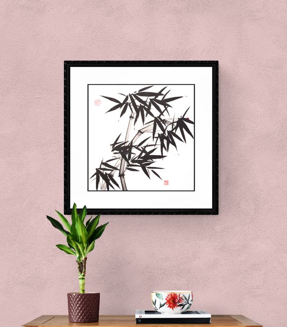 Two bamboos with a red ladybug - Bamboo series No. 2106 - Oriental Chinese Ink Painting