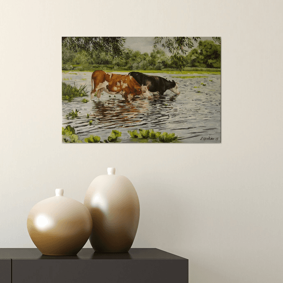 Cow Watering Painting Farm Art