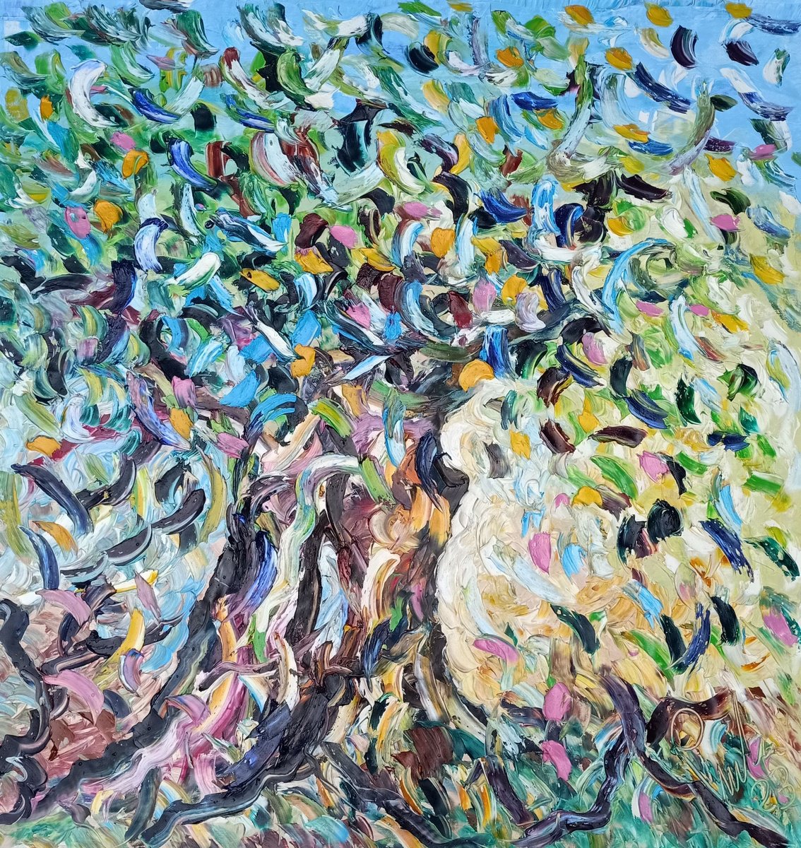 Impressionistic Botanical Oil Painting By Antonino Puliafico, 49 X 49, Grance Ulivo, Original Artwork