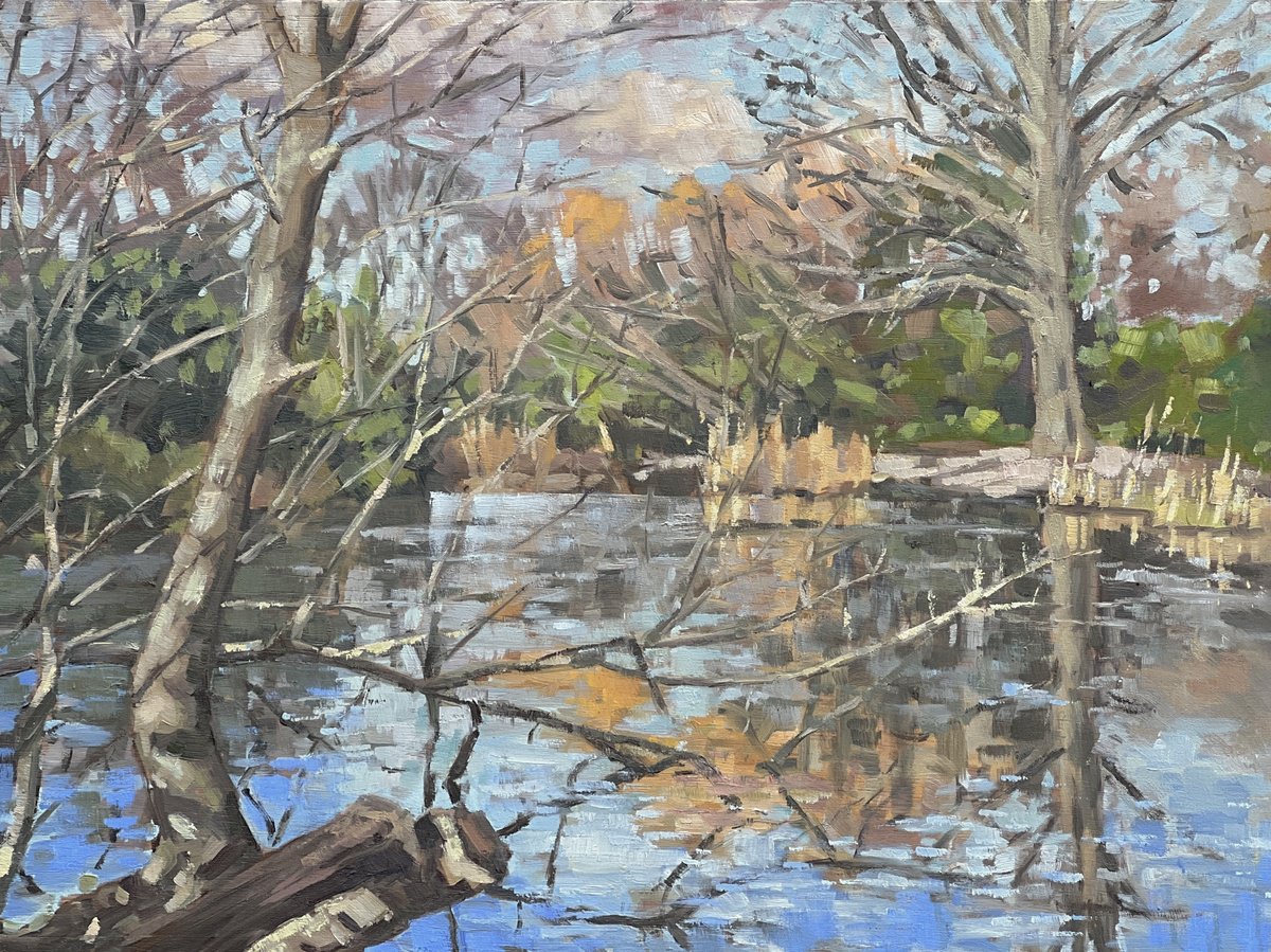 Impressionistic Landscape Oil Painting By Louise Gillard, 17 X 13", Wandsworth Common Frozen Pond, Original Artwork